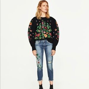 Zara Mid-Rise Embroidered Boyfriend Jeans